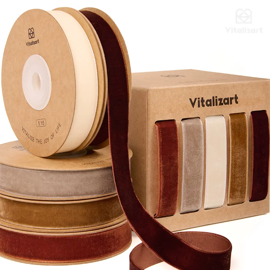 Vitalizart Velvet Ribbon Set 5/8 in Wide, 5 Rolls for Christmas Gift Wrapping, Christmas Tree Decor, Wreaths and Bows