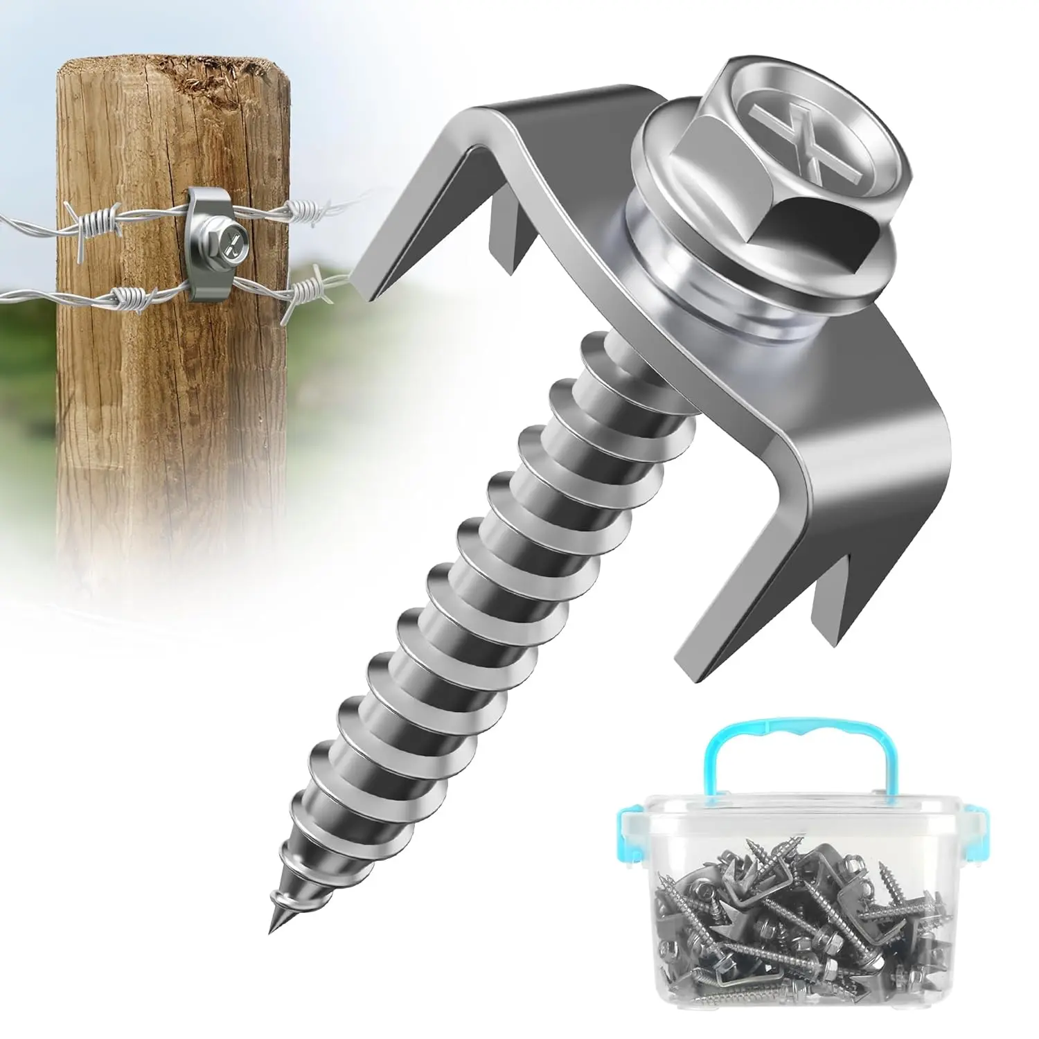 100 count Fence Staples for Wire Fencing, Fence Fasteners for Wire Fence, Fencing Screws for Softwoods, Reuse Fence Nails, Wire Fence Staples with Hex Adapter- Stainless Steel