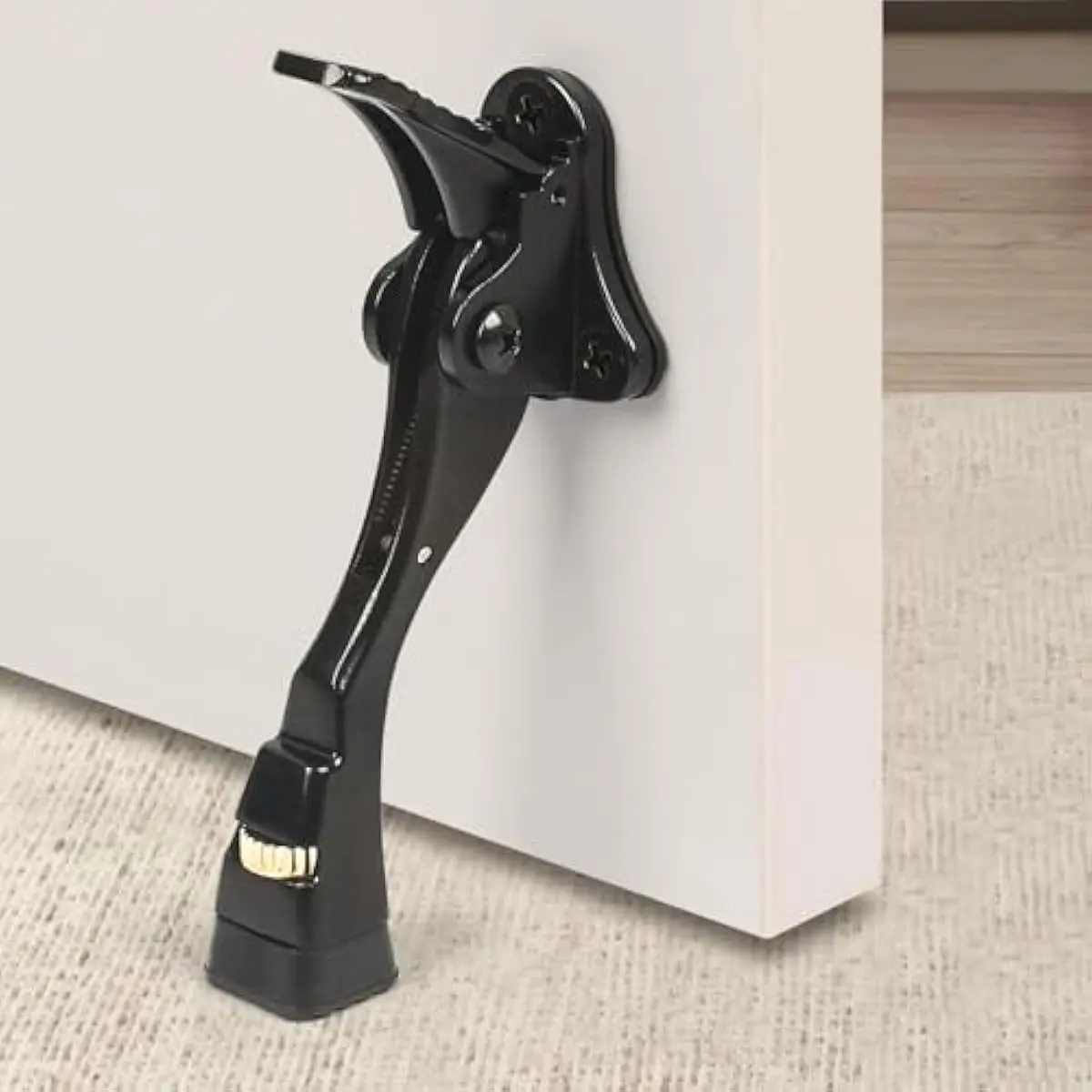 Black Kick Down Door Stoppers for Bottom of Door, Heavy Duty Kickdown Door Stop, Adjustable Door Stoppers, One Touch Kick Down Stopper (4 Inch x 1 Pack)