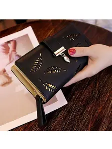 Women's Hollow Leaf Pattern Zipper Wallet, PU Leather Card Holder with Wrist Strap, Long Daily Use, Simple Fashion, Perfect Gift for Mother's Day & Birthday