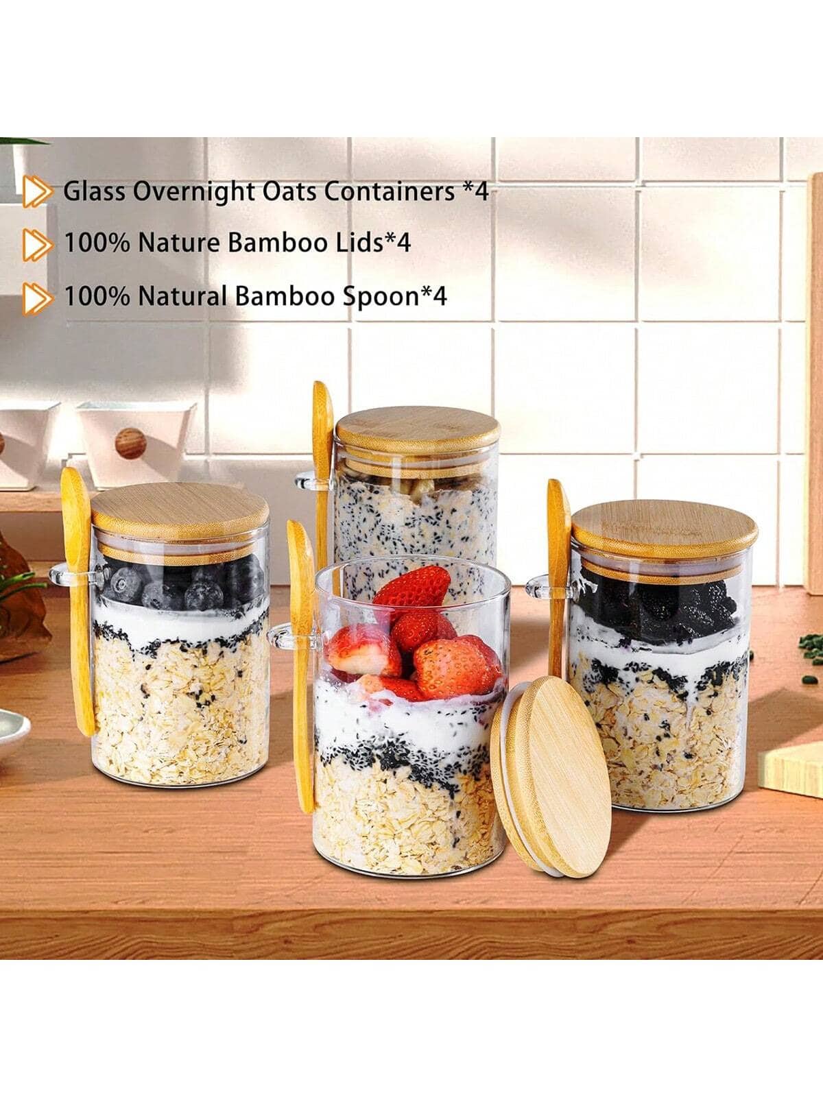 TUMATICLY 8PCS Glass Food Storage Containers (4 Cups   4 Lids), With Lids And Spoons, Overnight Oats Jar With Lid And Spoon Chia Pudding Salad Glass Jar With Lid And Spoon, Bamboo Lid Oatmeal Coffee Flour Bread Starter Storage Container With Lid