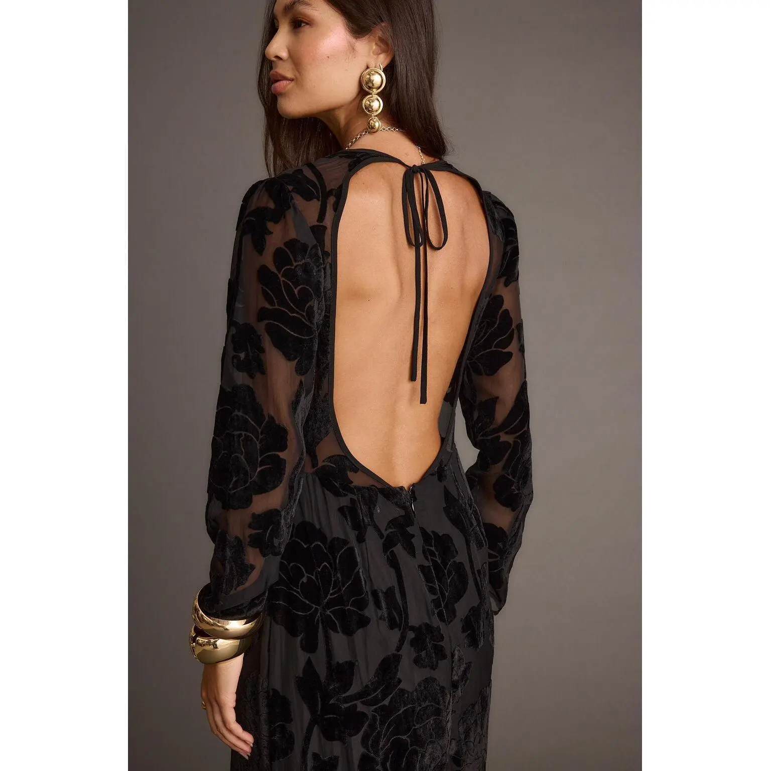 Women's Angela Black Velvet Burnout Long-Sleeve Maxi Dress, Velvety Fabric,  Floor-Length Cut, Casual Style - TikTok Shop