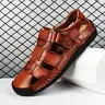 Men's Elegant Hand-Stitched Closed-Toe Durable Genuine Soft Leather Sandals - Adjustable Velcro Strap, Natural Rubber Grip Sole, Breathable, Foldable Ankle, Flexible Multi-Function Outdoor Leisure Shoes for Walking, Holidays
