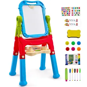 VEVOR Art Easel for Kids, 2-in-1 Wooden Double-Sided Kid's Art Easel with Magnetic Whiteboard Chalkboard, Adjustable Standing Rotatable Foldable Drawing Board with Painting Accessories for Boy Girl
