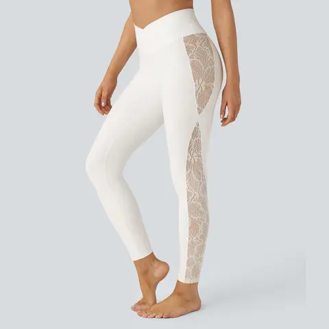 Halara Softlyzero High Waisted Crossover Contrast Lace Back Pocket Yoga Leggings-UPF50+