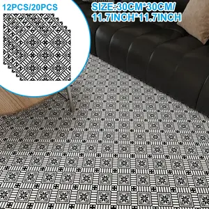 12/20 thick retro classic pattern self-adhesive floor tiles, black and white 30cm x 30cm, washable, waterproof, oil resistant, non slip DIY, suitable for home, dormitory, bohemian style Flooring
