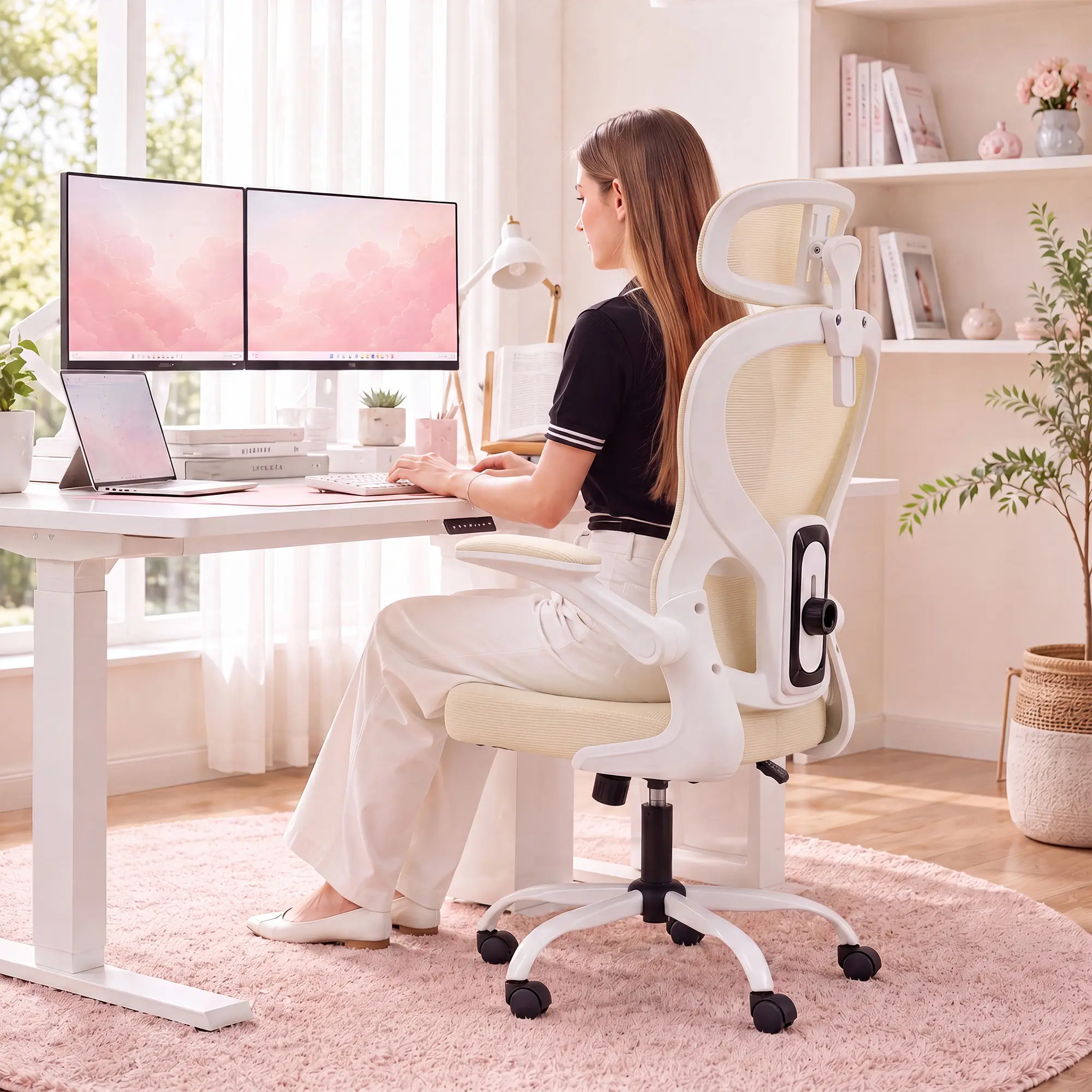 High Back Mesh Office Chair, Ergonomic Chair with Adjustable Headrest, Lumbar Support & Flip-Up Arms, 330lbs Swivel Gaming Computer Chair