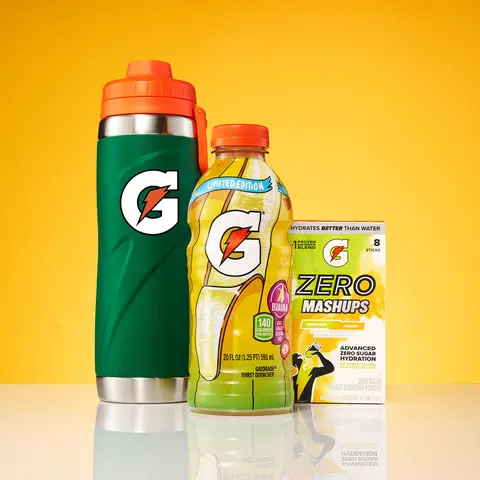 Limited-edition Banana-flavored Gatorade Thirst Quencher, Gatorade Zero Lemon Lime & Orange Mashups powder, and 26oz Stainless Steel Bottle.