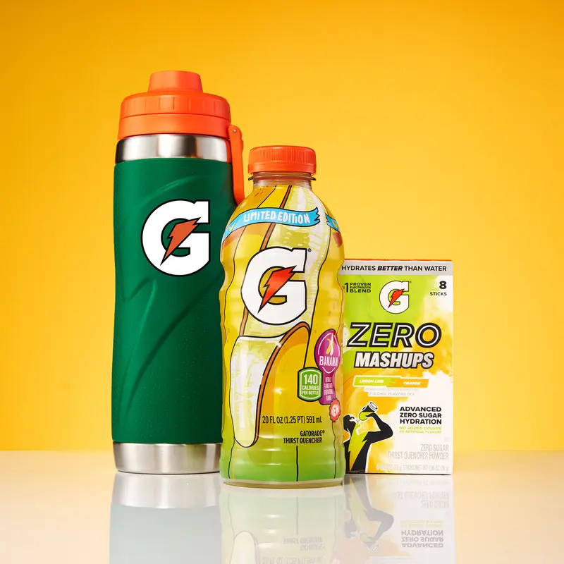 Limited-edition Banana-flavored Gatorade Thirst Quencher, Gatorade Zero Lemon Lime & Orange Mashups powder, and 26oz Stainless Steel Bottle.