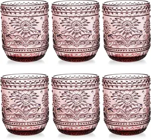 Hacaroa 6 Pack 12 Oz Drinking Glasses, Vintage Water Glasses Purple Colored Glassware Heavy Duty, Decorative Floral Embossed Beverages Tumblers for Whiskey, Beer, Juice, Wine