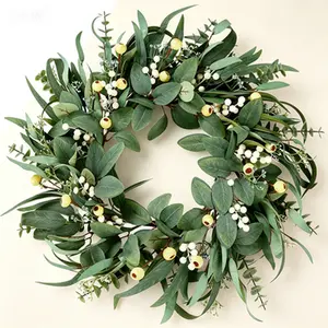 Green Greenery Wreath with White Berries - 21 Inch Artificial Eucalyptus Wreath for Spring Summer Home Decor - Faux Greenery Door Wreath - No Fade Realistic Leaves - Hanging Wreath for Front Door
