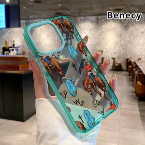 Phone case for iPhone 16 Pro Max 15 Plus 14 13 12 11 Cowboy Turquoise Pattern Non-Yellowing Silicone Transparent Drop Protective Cover