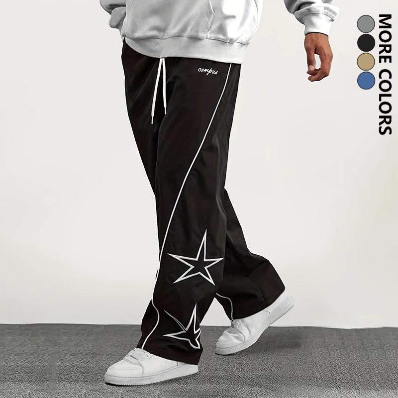 Men's Fashion Casual Pants, Street Retro Star Embroidered Straight-Leg Pants, Polyester Fabric, All-Season Versatile Trendy Hip-Hop Track Pants