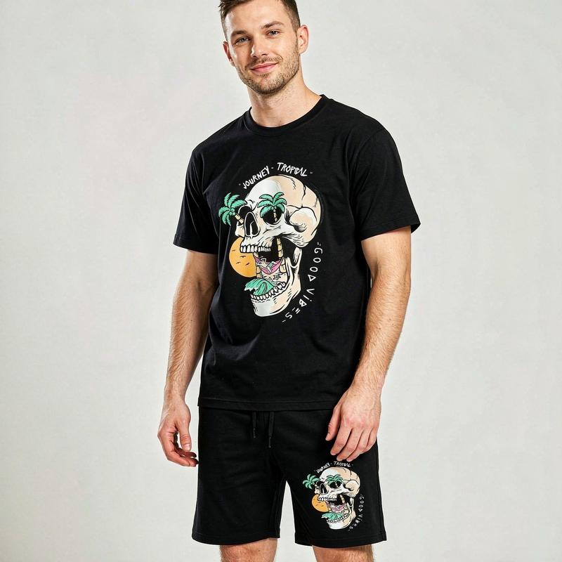 Men's 2-Piece Relaxed Oversized Crew Neck Short-Sleeve T-Shirt and Shorts Set, Polyester Tropical Skull Print Casual Streetwear Menswear