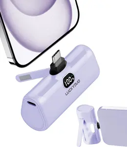 LUCKYDUO Small USB C Portable Charger, 5000mAh Ultra Compact Mini Power Bank Built-in Phone Stand and LED Light, PD15W LCD Display Battery Pack for Travel, Compatible with iPhone 17/16/15/Samsung/LG/Moto