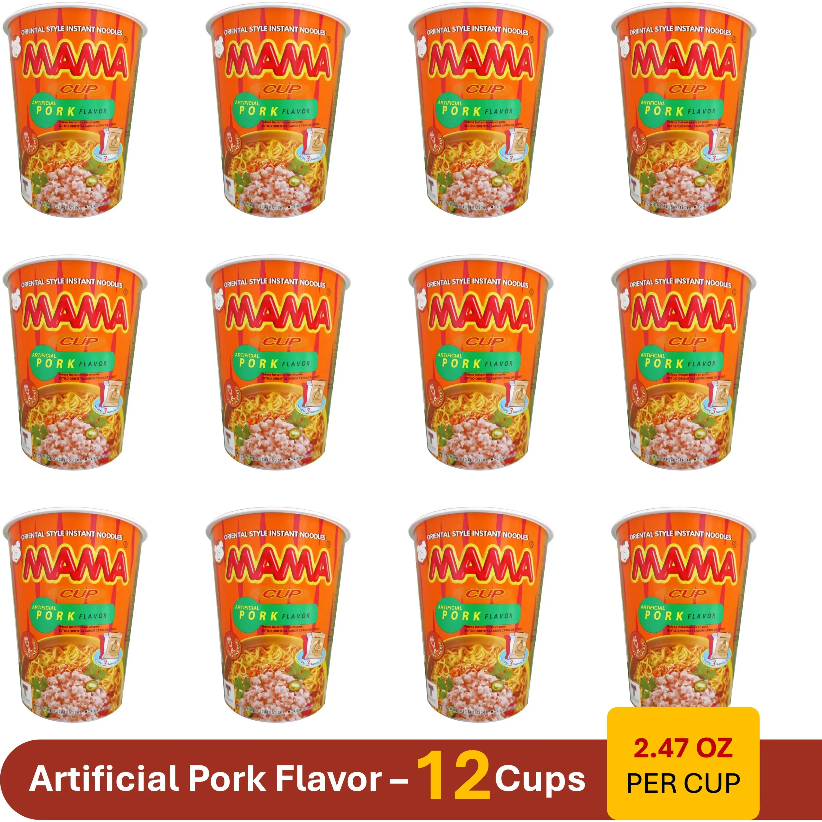 Mama Brand Instant Cup Ramen Noodles - Artificial Pork Flavor, 2.47 Ounce Per Cup (Pack of 12 Cups)