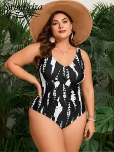 Briza｜Plus Size Retro Black White Tie-Dye Tummy Control One-Piece Swimsuit - Deep V Ruched Slimming Bathing Suit For Women