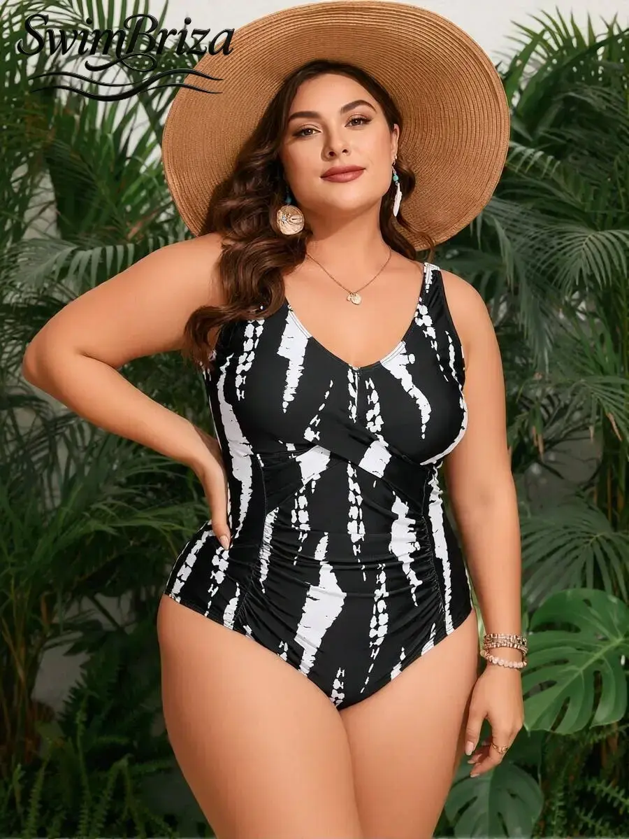Briza｜Ruched Twist Front Black White Tie Dye One Piece Swimsuit Tummy Control With Plus Size Swimsuits Tummy Control Fit As Plus Size Swimwear And Retro Swimwear Bathing Suit For Women For Vacation Swimwear For Women With Wide Straps