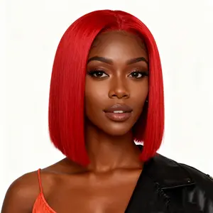 Neihky Red Bob Wig 180% Density Virgin Human Hair 4x4 Lace Front Short Cut 8inches Silky Straight Bob Wigs Bleach Knots for Women Pre Plucked Natural Hairline HD Lace Red Human Hair Middle Part Wigs