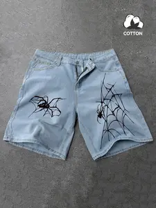 Men's Loose-Fit Denim Shorts, Spider Web Print, High-Quality Cotton, Zipper Closure, Street Style, Music Festival, Avant-Garde Fashion