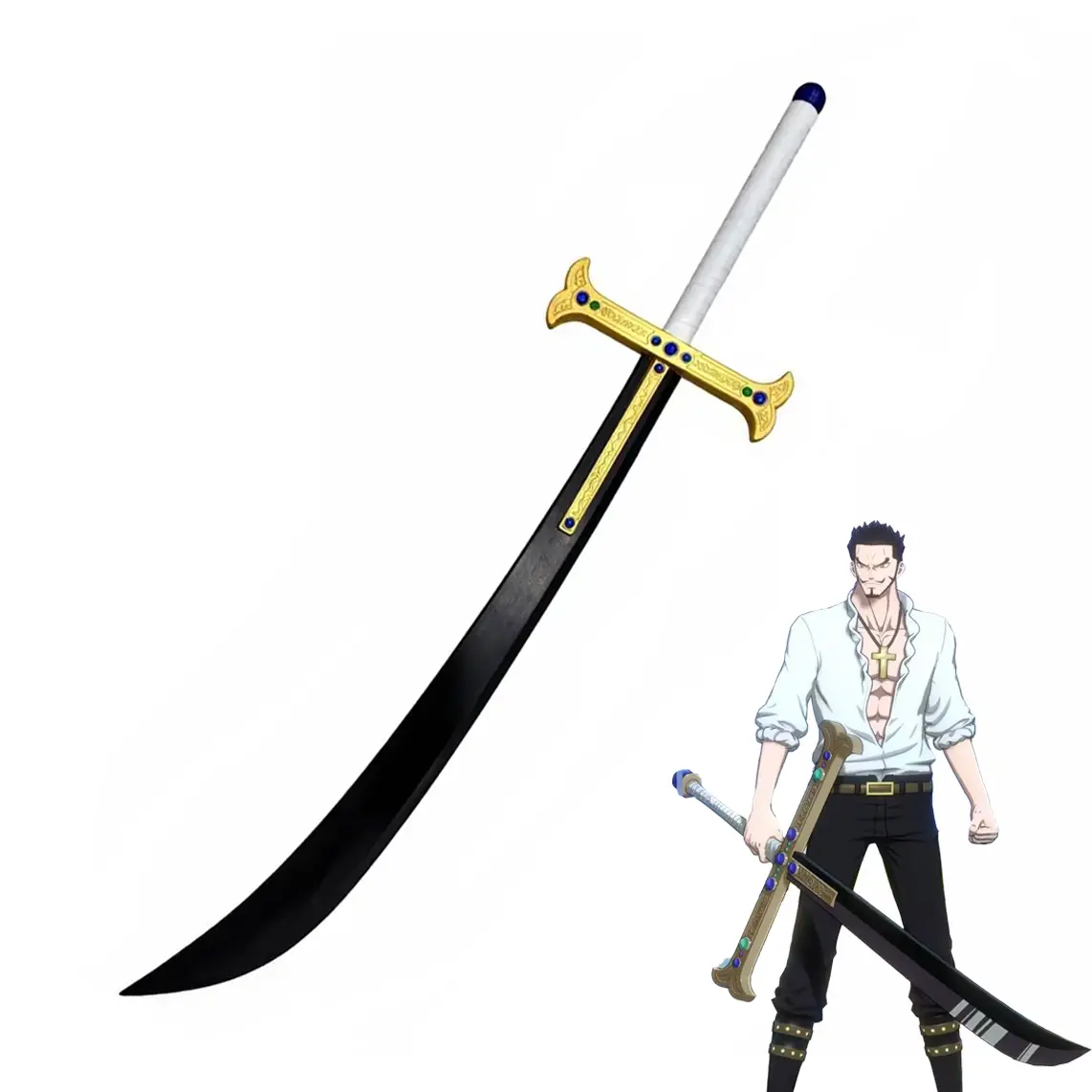 One Piece Cosplay Prop Yoru Sword for Dracule Mihawk Fans, Full Size PU Foam Cross Blade, Jeweled Golden Guard, Safe Soft Weapon For Halloween Comic Con Collection