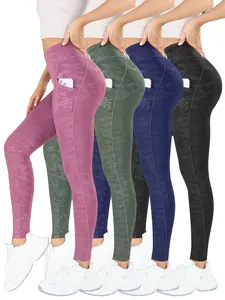 4PCS Affordable Women's Camo Pattern High-Waisted Yoga Pants, Tight-Fitting Sportswear with Curved Pockets, All-Season Outdoor Exercise Leggings