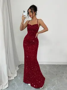 Elenzga Women’s Elegant Glitter Mermaid Dress – Spaghetti Strap, Open Back, Holiday Party, Christmas & Evening Outfit