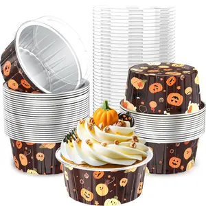 40 Pack 5 OZ Halloween Mini Cake Pans with Lids, Disposable Aluminum Foil Ramekins Muffin Tin, Round Brownie Pudding Cupcake Baking Cups, Mini Cake Containers Flan Molds for Halloween Party