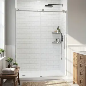 Spaco Frameless Sliding Shower Door 60x74 Inch – 5/16" Thick Tempered Glass, Silver Finish, Single Track
