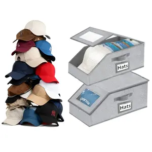 Hat Organizer for Baseball Caps - Stackable Hat Box with Clear Window & Flip-Top Lid, Space Saving Closet Storage for Caps, Breathable Fabric Design - Room Organization Products, Ideal Gift for Boyfriend, Girlfriends, or Family  (Grey)