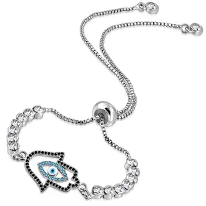 Stainless Steel Multi-Color CZ Evil Eye Hamsa Adjustable Chain Bracelet, 9.5"