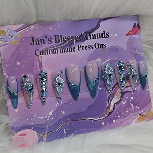 Jan's Blessed Hands Custom Made Press On Nail Set - Bright Teal Spring Bling Nail set