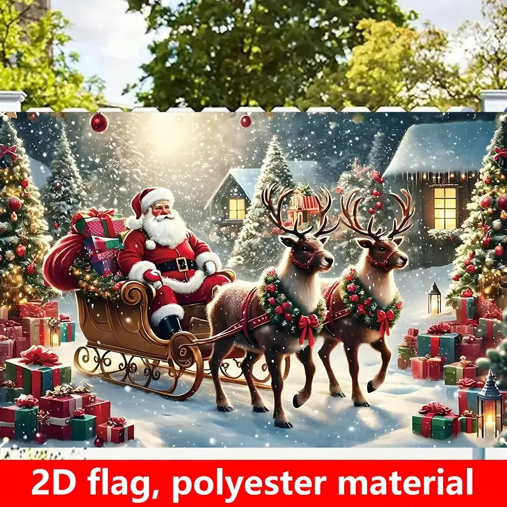 1pc Large 2D Flat Polyester Christmas Decoration Flag - Heavy-Duty Jumbo Santa Claus Sleigh & Reindeer Banner, Easy Hanging, No Electricity Needed for Indoor/Outdoor Home, Store Use