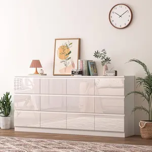 High Gloss 7/9/12 Drawer Dresser with Power Outlet, Modern Handleless Bedroom Storage Cabinet with Built-in Charging Station, Large Chest of Drawers Organizer