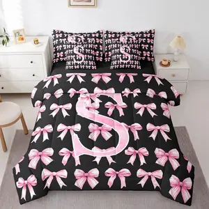 Feelyou 7-Piece Ultra Soft Bedding Set - Multi-Size Preppy Coquette Theme Set with Pink and Black Bow Print Comforter, Sheets, Bowknot Design Blanket, Soft Fluffy Blanket for Girls