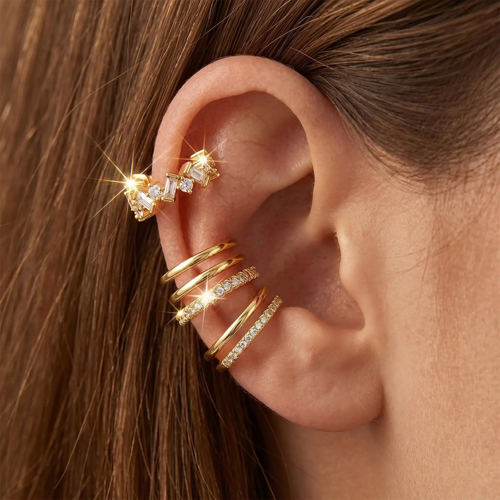 3Pcs Gold Ear Cuffs Earrings for Women Non Piercing - Clip on Cartilage Earrings Dainty 14K Gold Sterling Silver Plated Cubic Zirconia Huggie Hoop Earring for Women No Tarnish Trendy Jewelry Set