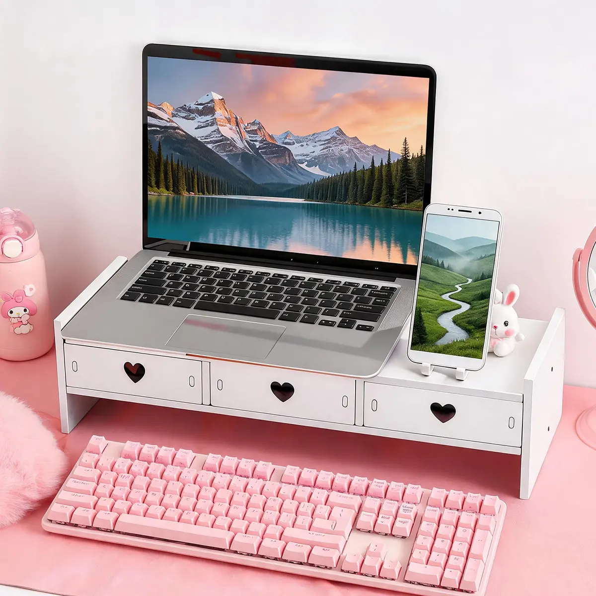 3-Drawer Monitor Stand With Heart Design, Space-Saving Elevated Stand For Keyboard Storage, Ergonomic Desktop Organizer For Home & Office