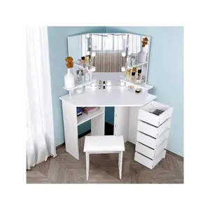New 2024  VOWNER Corner Makeup Table Vanity Desk Mirror Lights 3 Color Brighess Adjustable With 5 Rotating Drawers And Stool Home Decor Ideas