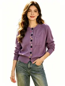 Women's Knitted Cardigan Sweater, Fashionable Button Pocket Round Neck, Stylish Ladies' Top, Casual Wear, All Seasons, Knitwear