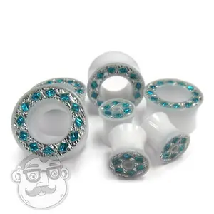 White Acrylic Aqua Gem Rim Tunnel Plugs
