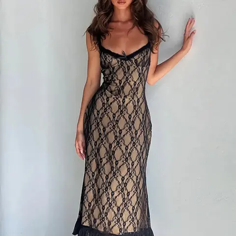 Lace Splicing Geometric Sleeveless Bodycon Slip Dress Solid Color Backless Elegant Formal Wear Vacation Party Club Long Dresses For Women