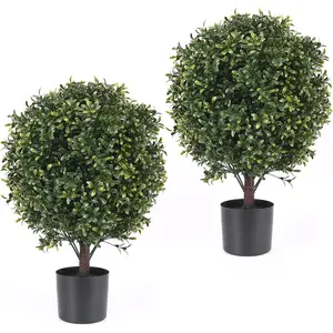21 Inch Artificial Topiary Boxwood Ball Trees – Decorative Fake Greenery in Planter Pots for Front Porch, Indoor Walkway, Entryway Decorating, Set of 2