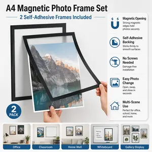 2 A4 Magnetic Self-Adhesive Frames, Wall-Mounted Plastic Photo Display, Minimalist Style, No Screws Needed, for Photos & Whiteboards