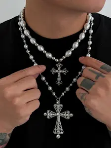Punk Style Pearl Chain Cross Pendant Necklace Set, Zircon Decorative Design, 2 Piece Punk Jewelry Series, Fashion Unisex Vintage Accessory, Coptic Cross Necklace
