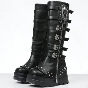 Black Platform Goth Knee High Boots for Women Wide Foot Friendly us6-12 size Studded Wide Mid Calf Combat Punk Boots Wide Foot Friendly Round Toe Skull Chain Buckle Chunky Heel Back Zipper Thick Sole Booties SpringStatements