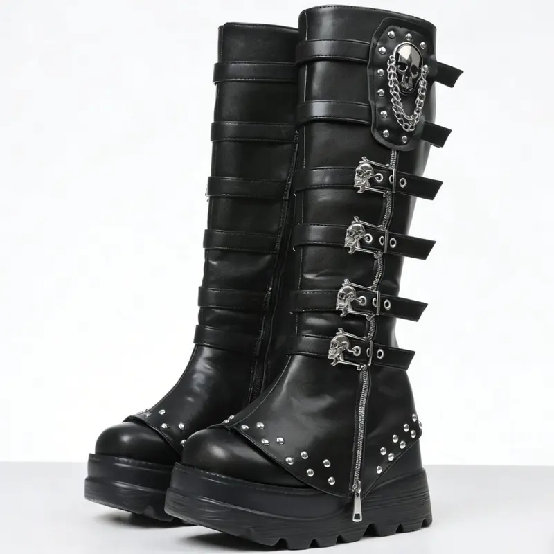 Black Platform Goth Knee High Boots for Women Wide Foot Friendly us6-12 size Studded Wide Mid Calf Combat Punk Boots Wide Foot Friendly Round Toe Skull Chain Buckle Chunky Heel Back Zipper Thick Sole Booties