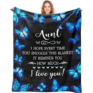 Flannel Blanket | Soft Flannel Aunt Gifts Blanket From Niece Nephew, Blue Butterfly Auntie Throw Blanket, I Love You Aunt Birthday Gift Ideas | Home & Gift