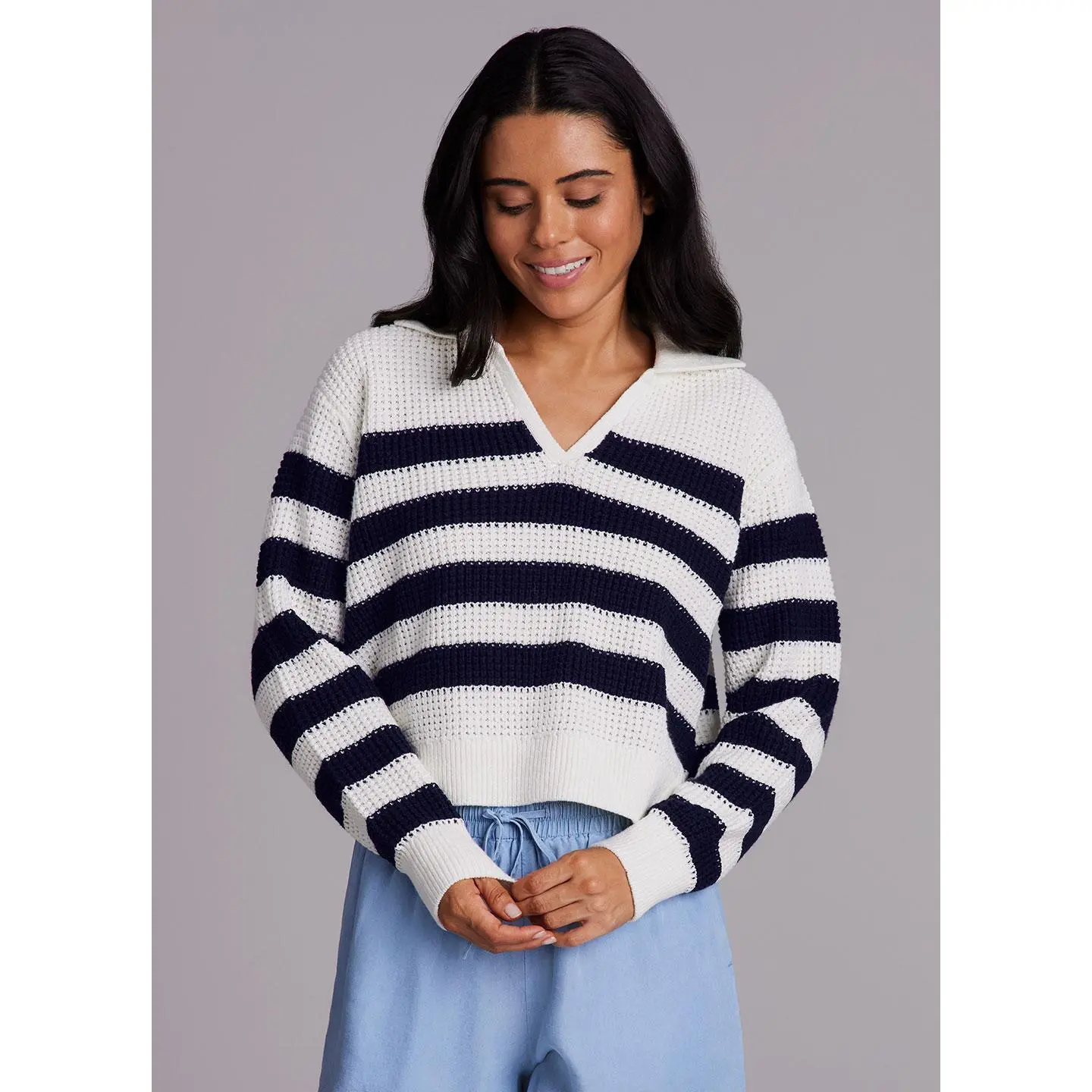 RBX Active Women's Cotton Blend Marina Collared Striped Sweater