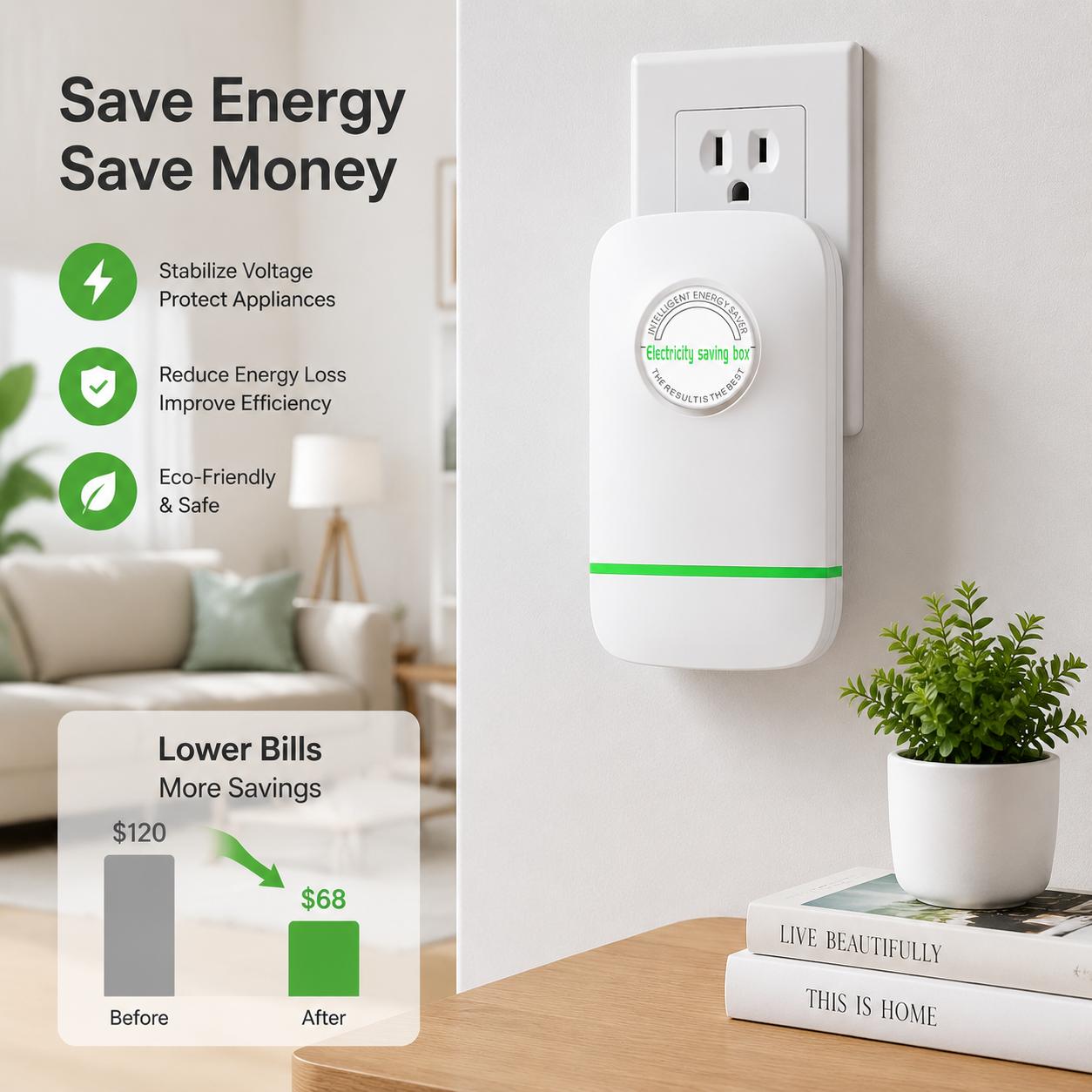 New high-efficiency energy-saving plug, smart power factor saver, plug-in voltage stabilizer. Lightning-proof and flame-retardant power saving box for home, office and dorm daily use New high-efficiency energy-saving plug, smart power factor saver, plug-in voltage stabilizer. Lightning-proof and flame-retardant power saving box for home, office and dorm daily use