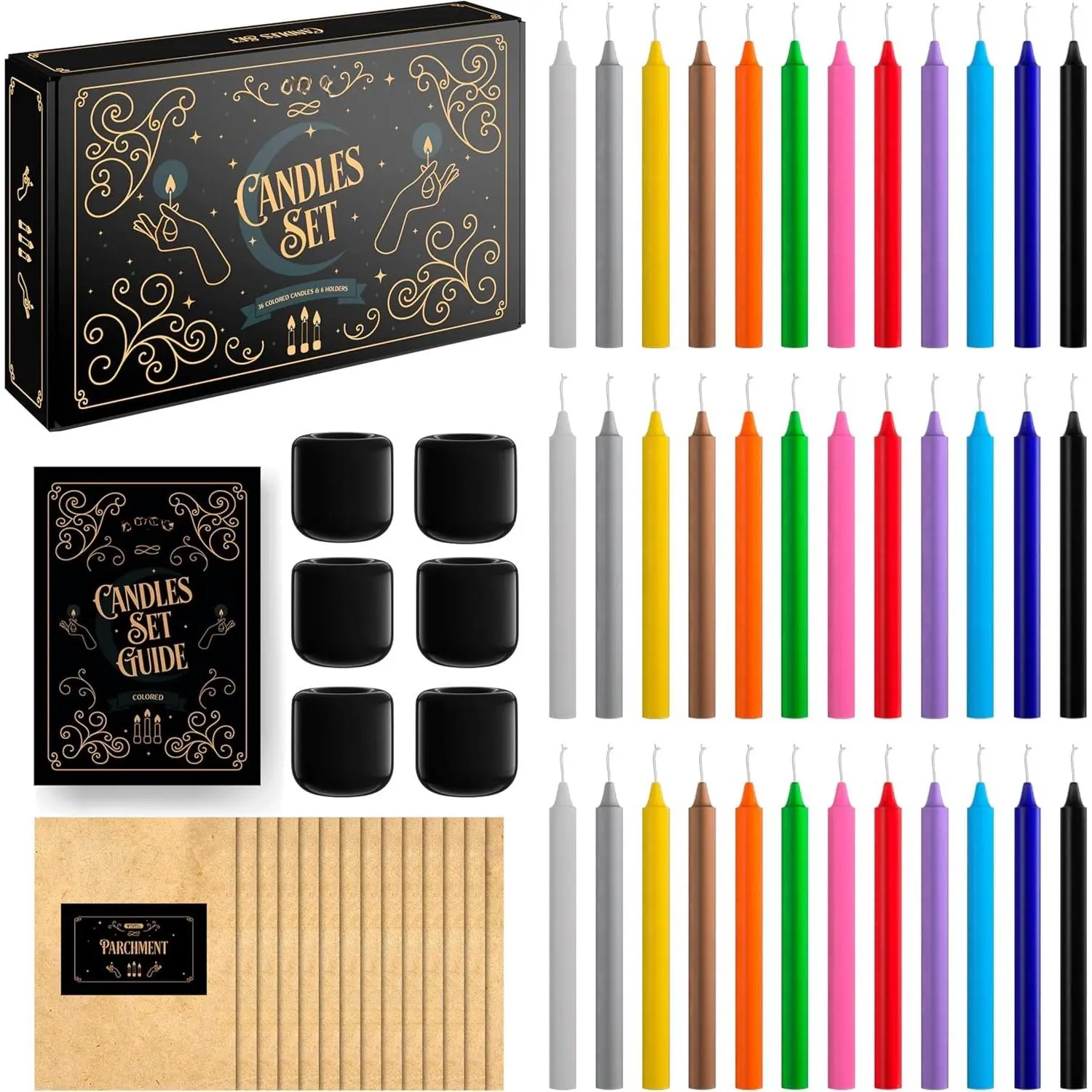 - 36 Colored Taper Candles for  | 5" Height & 1/2" Diameter | Candle Sticks for  Decor | 6 Spell Holders | Shabbat | Chime |